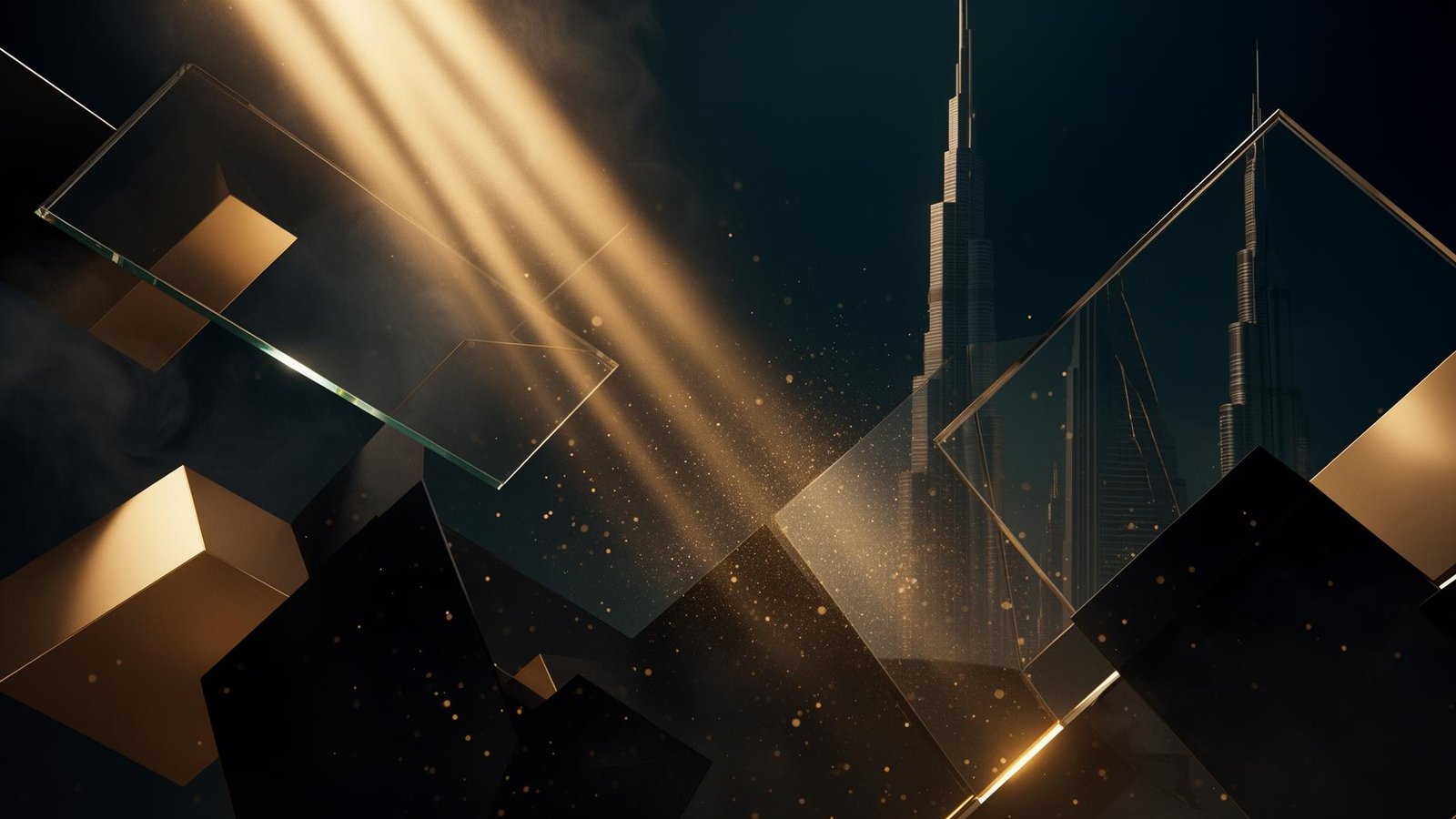 Cinematic abstract composition of glass and gold over Dubai skyline